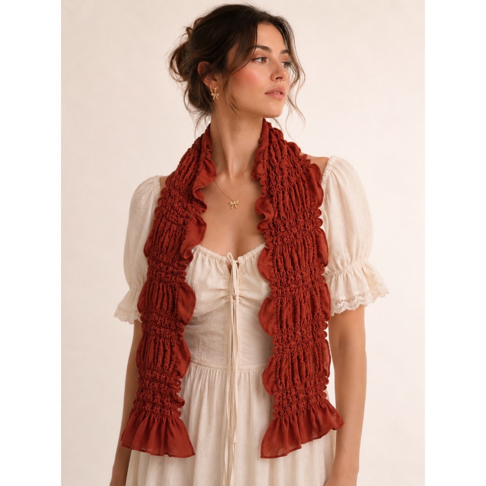 Doen Smocked Ruffle Scarf Womens OS Rust Orange‎ Excellent Popcorn Knit Bohemian
